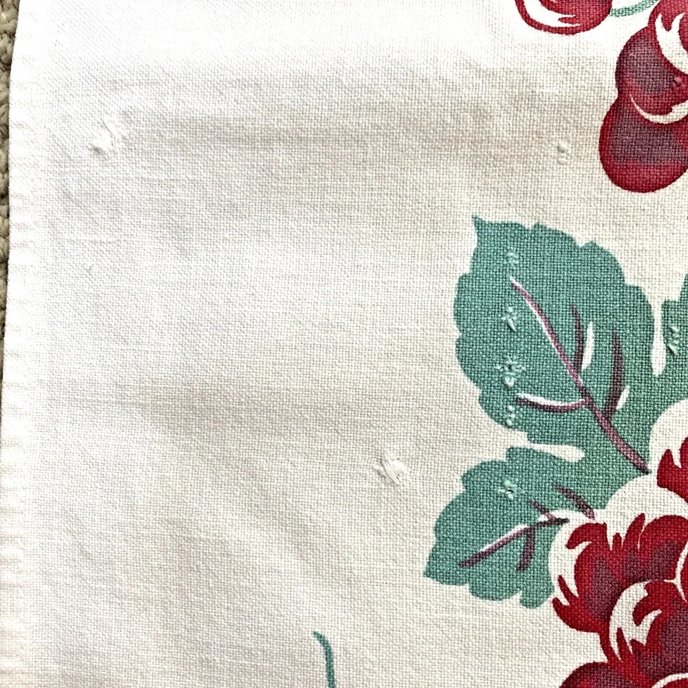 Vintage Mid Century Printed Cotton Tablecloth Red & Mint Green Grapevine Border